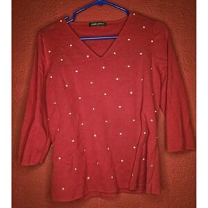 Red Embellished Knit Top 3/4 Sleeve V-Neck Sparkly Casual‎ Designer Original